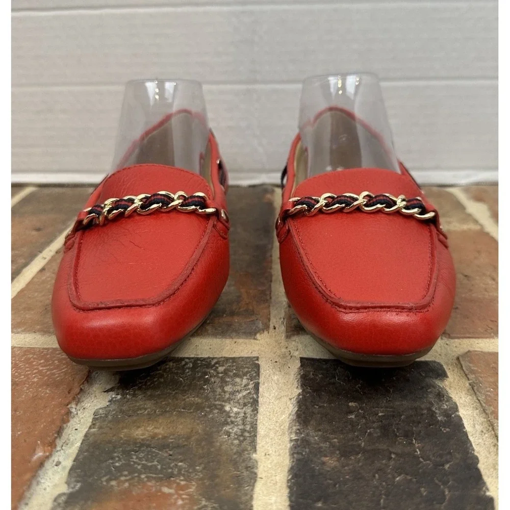 Talbots Red Leather Driving Moccasin Ribbon Chain Detail Loafer Shoes Women 9.5